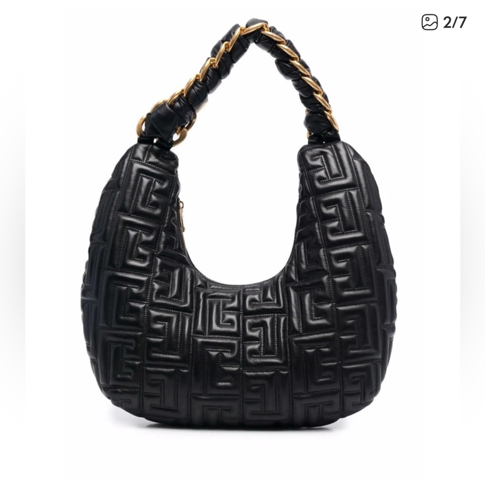 Balmain Black Embossed Hobo Bag with Gold Details